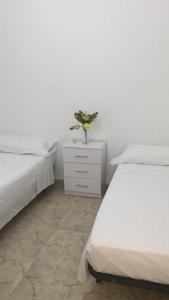 塔拉韦拉·德·拉·雷纳Casa a 3 minutos del Casco y con facil aparcamiento- El rincón de Carmela的一间卧室设有两张床,在床头柜上放着花瓶