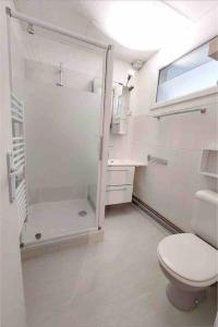 阿卡雄Vue MER/Tout à pied/Calme/Plage/ Parc Mauresque的白色的浴室设有卫生间和淋浴。