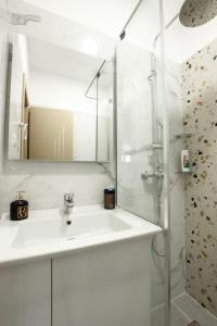 吉诺卡斯特Emblematic House Apartment 1的白色的浴室设有水槽和淋浴。