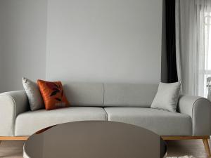 特拉布宗PURPLE VIP SUITE的客厅配有带枕头的灰色沙发