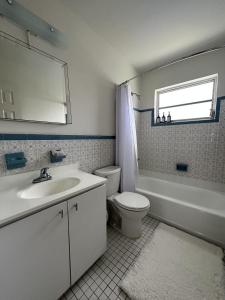 迈阿密Miami's Cozy Tropical Getaway的一间带水槽、卫生间和镜子的浴室