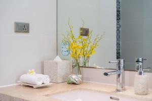 芽庄Seaesta Nha Trang Hotel的浴室的柜台设有水槽和镜子