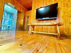 三义三义峰州小木屋的客厅设有木墙,配有电视