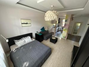 里加Studio apartment in private house的一间卧室设有一张床和一间客厅。
