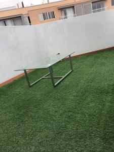 利马Hermoso Duplex en Chorrillos的一张乒乓球桌,坐在草地上