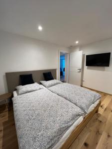 格蒙登Grünberg Apartments的一间卧室配有一张大床和电视