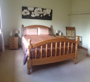 BallyfarnonAmber B&B的一间卧室配有一张带粉红色枕头的木床。