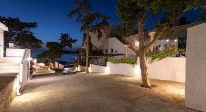 米尔泰Marialenas House - Stone House at Myrties Beach Kalymnos的夜晚在建筑物前的树