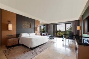 海口海口万豪酒店（享温泉）的一间带大床的卧室和一间客厅