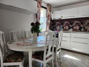 PatzigFerienhaus Ani的厨房配有白色的桌子和白色的椅子