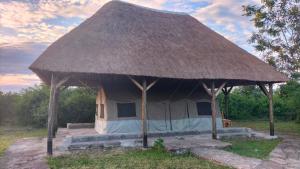 KatunguruEngiri Game Lodge and Campsite的田野上草屋顶的小屋