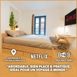 芒德Le Cocon - Netflix/Wifi Fibre - Séjour Lozère的一张带一张床和一张书桌的卧室的海报