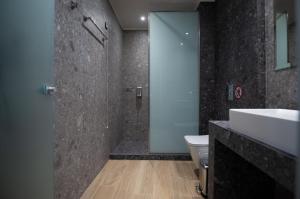 雷夫卡达镇The Victoria Lefkada的带淋浴、盥洗盆和卫生间的浴室