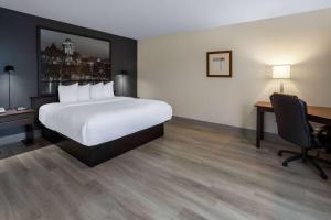魁北克市速8魁北克斯蒂富酒店的酒店客房设有一张大床和一张书桌。