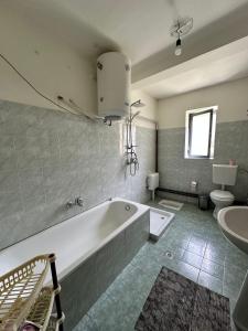 瓦勒博内Hostel Quku i Valbones的带浴缸、卫生间和盥洗盆的浴室
