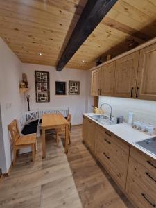 MirnaVineyard cottage Vinska grajska kašča的厨房配有木制橱柜和木桌。