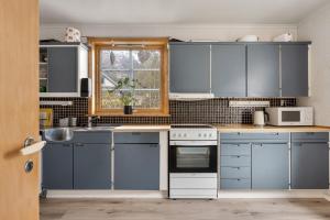 TveitTysso Apartment的厨房配有蓝色橱柜和窗户。