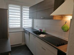 GelenauFerienwohnung August 24的厨房配有白色橱柜和黑色台面