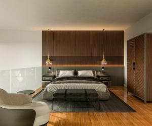 圣地亚哥－德孔波斯特拉I Loft Santiago by Upper Luxury Housing的一间卧室配有一张大床和两把椅子
