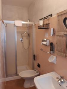 塞斯托拉Hotel Calvanella的带淋浴、卫生间和盥洗盆的浴室