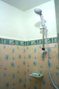 Santa RosaMadie's Place Bed & Breakfast in Santa Rosa, Laguna near Enchanted Kingdom的浴室的墙壁上装饰着蓝色的鲜花,设有淋浴。