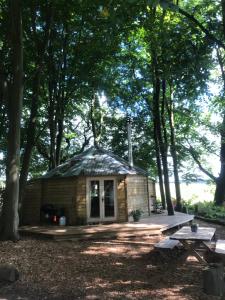 金斯林Woodpecker Cabin with Hot tub的树林中的一个小小屋,配有野餐桌