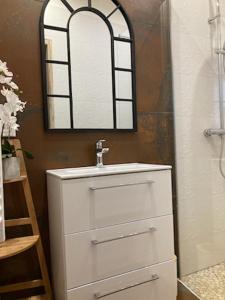 尼姆Le studio D'auguste- Cœur de Nîmes-chaleureux-emplacement idéal的浴室设有白色水槽和镜子
