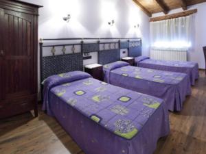 San Andrés de SoriaCasa Rural Sierra de Tabanera的一间设有三张床和紫色床单的客房