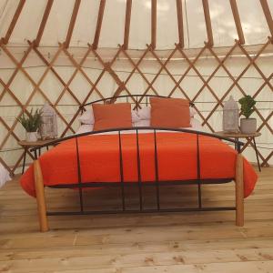 塔洛The Lawn Yurt的帐篷内的一张床位,配有两个枕头