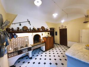 萨尔扎纳Villa De Benedetti的一间位于客房中间的带壁炉的厨房