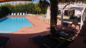 香槟沙隆Le Mas Champenois的一个带椅子的游泳池,并种植了棕榈树