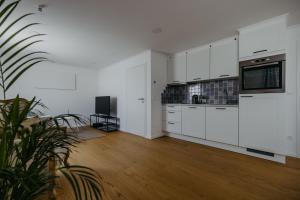 伊尔米茨Studio 777 Apartments的空厨房,有白色的橱柜和盆栽植物