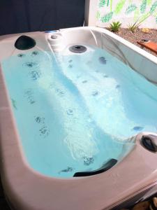 特尔德Chalet Puerto Escondido的以及蓝色水浴缸。