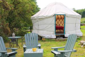 塔洛The Wood Yurt的蒙古包,配有椅子和桌子,帐篷