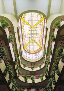 利马法拉奥纳大酒店的享有带大窗户和植物的建筑的顶部景色