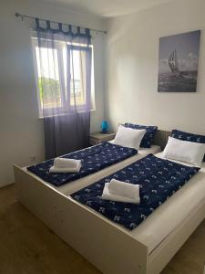 罗戈兹尼察Villa LILI的一间卧室配有两张带蓝白色床单的床