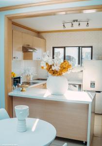 佛维斯Sunset Gold-2 Bedrooms Apartment的厨房的柜台上放着花瓶