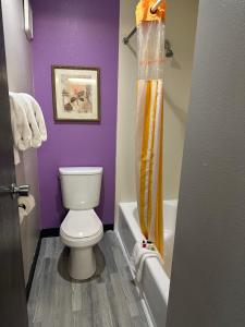 奥马哈西南拉昆塔奥马哈酒店的一间带卫生间和紫色墙壁的浴室