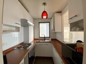圣地亚哥Loft Smart Panoramico - Santiago的厨房配有白色橱柜、水槽和窗户。