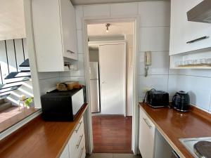 圣地亚哥Loft Smart Panoramico - Santiago的厨房配有白色橱柜和黑微波炉