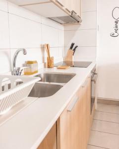 圣地亚哥Estancia Perfecta, Te esperamos!的白色的厨房设有水槽和台面
