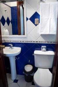 拉巴斯Hotel Diamante Azul的蓝色和白色的浴室设有卫生间和水槽