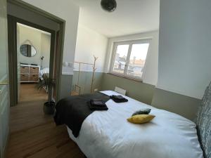加来TheLighthouse Logement cozy idéalement situé的一间卧室配有一张大床和两个枕头