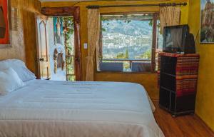 奥塔瓦洛Campo Lago Hospedaje的一间卧室设有一张床、一台电视和一个窗口。
