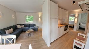 孙讷Nygård Cabins - brandnew holiday home with 3 bedrooms的一间带蓝色沙发的客厅和一间厨房