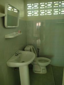 Baan Namthip Homestay Trang บ้านน้าทิพย์ โฮมสเตย์ตรัง的一间带水槽、卫生间和镜子的浴室