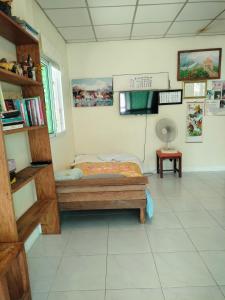 Baan Namthip Homestay Trang บ้านน้าทิพย์ โฮมสเตย์ตรัง的一间卧室配有一张床和一台电视。