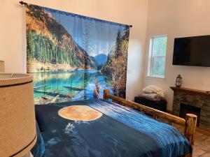 MillvilleBear Creek Falls Lodge on 67 acres Creek & Waterfalls的一间卧室享有河流窗帘的景致