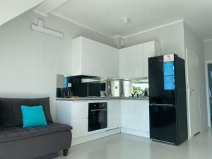 厄尔科Apartament AQUA MAZURY的厨房配有黑色冰箱和沙发。