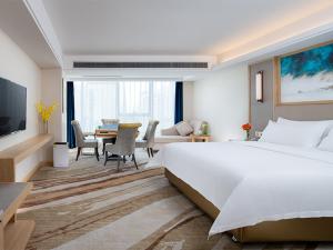 宝安维也纳国际酒店深圳国际会展中心南门店的一间带大床的卧室和一间客厅